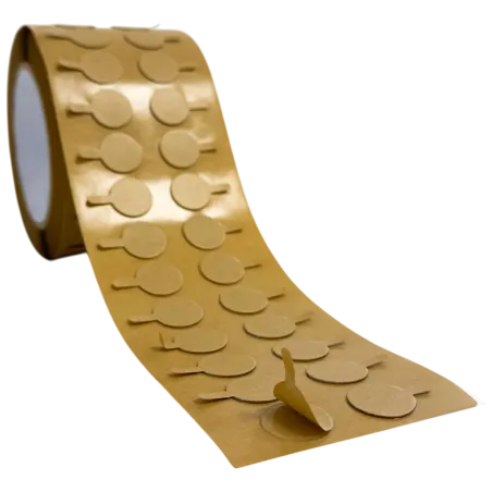 Pastille double face transparente MV608 décollée de son liner kraft, languette de préhension relevée