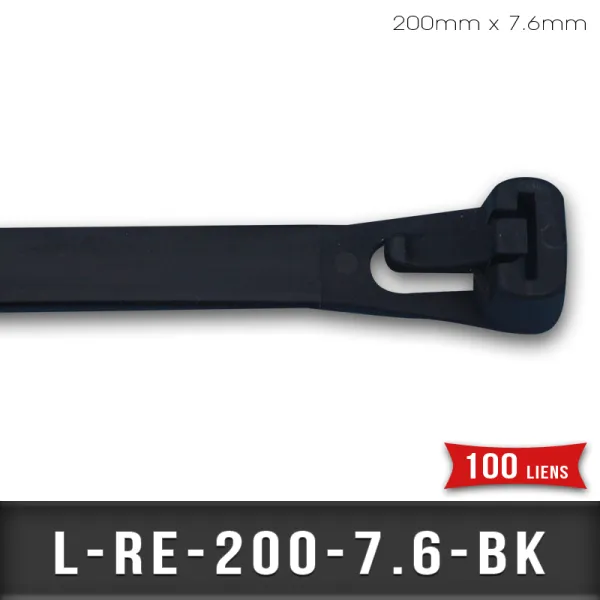 Lien de Fermeture 200mm L7,6mm Noir réutilisable